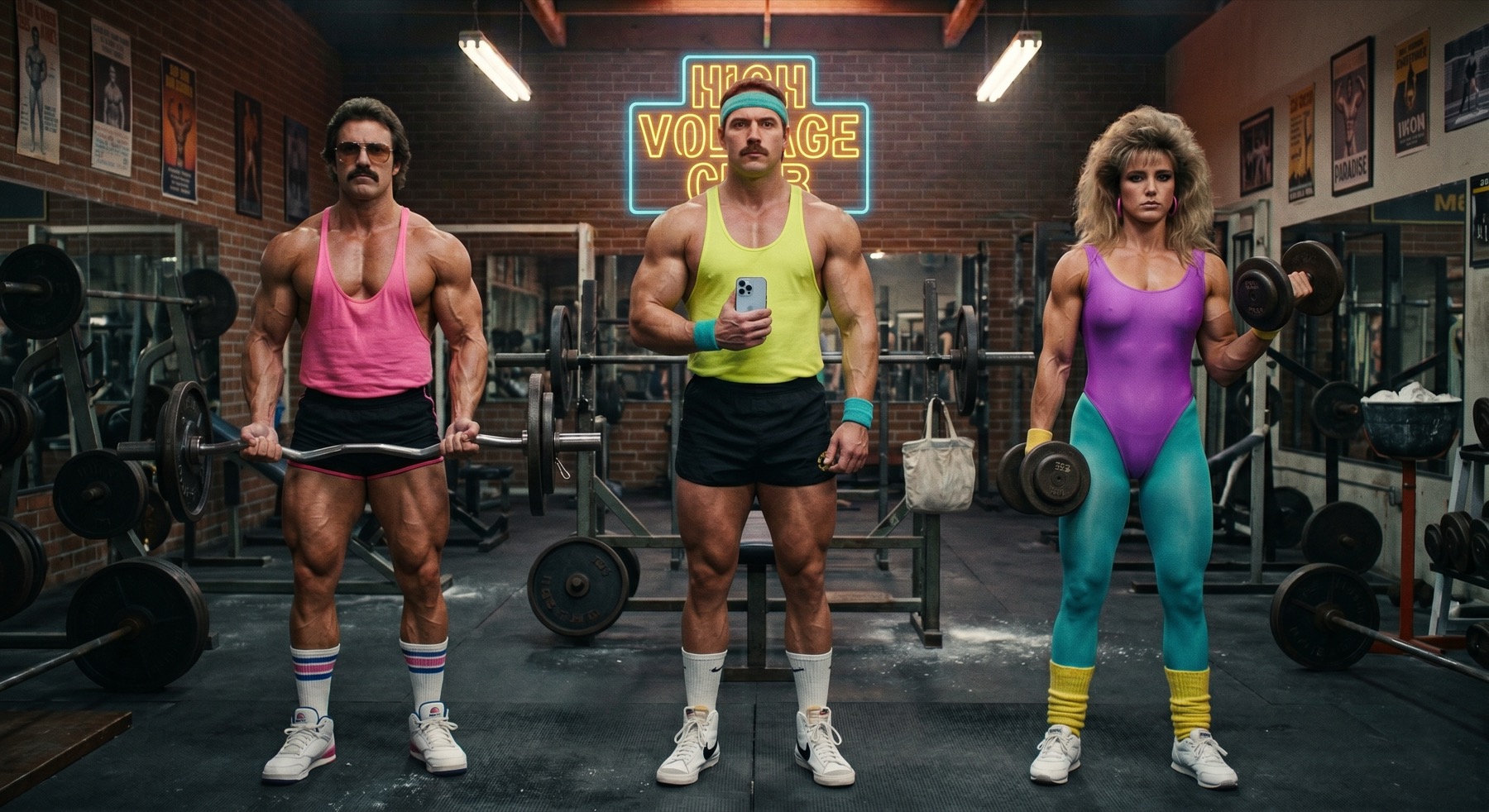 Three strength athletes training in a high-voltage gym.