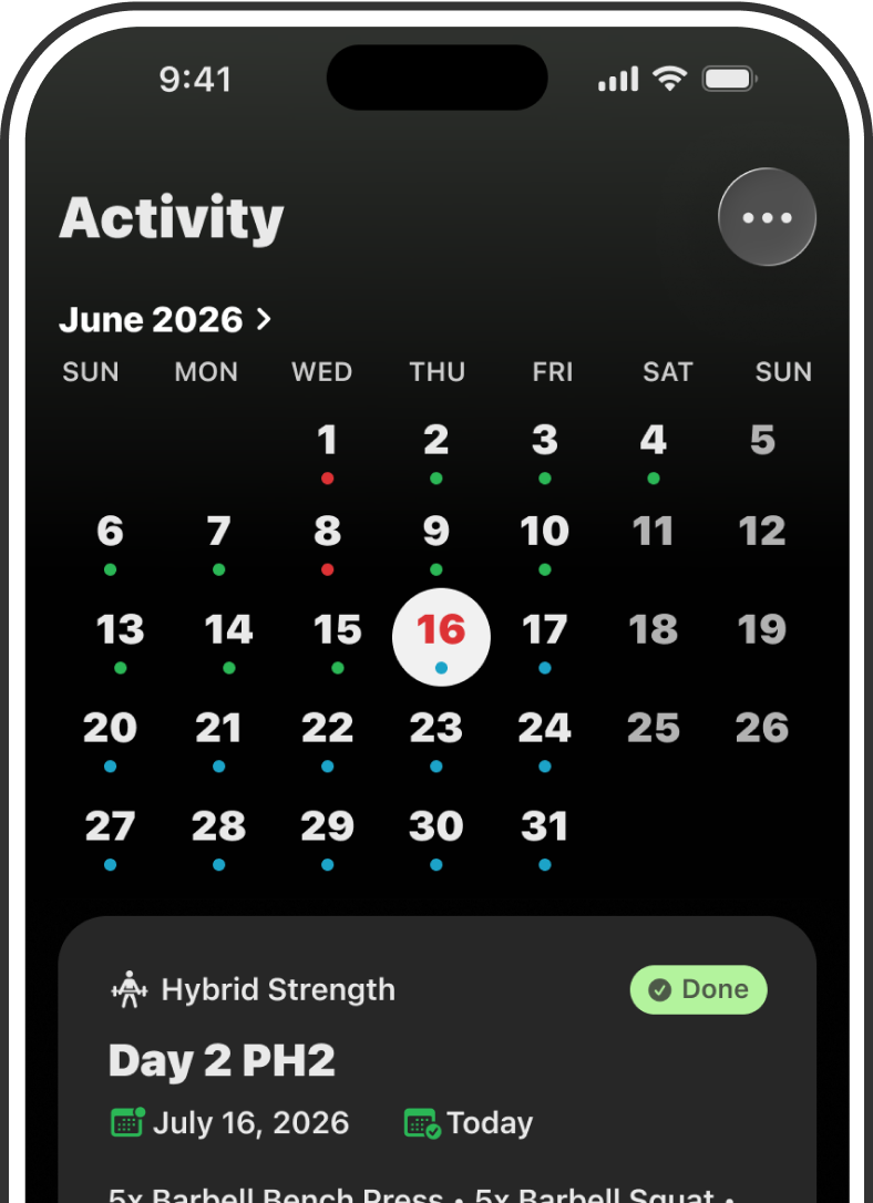 Superpumped activity calendar screen showing a month view with a scheduled training day.