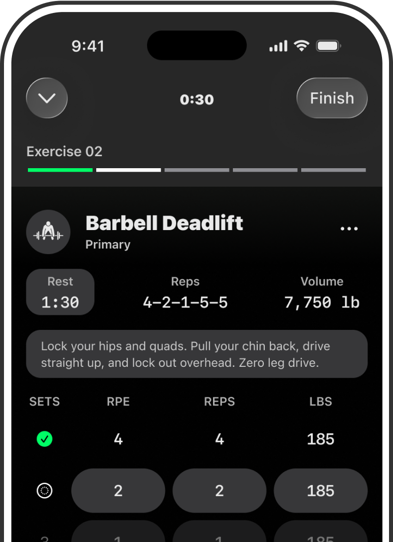 Superpumped workout session screen showing a Barbell Deadlift set with reps, RPE, and volume.