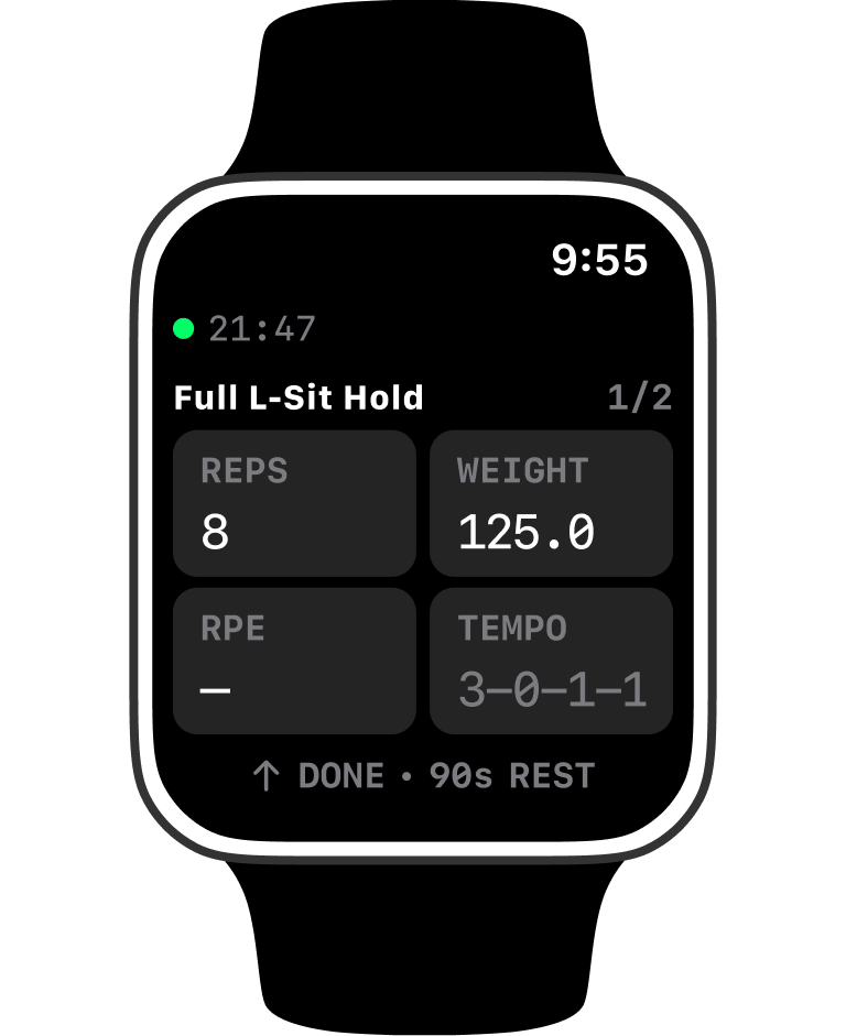 Superpumped Apple Watch app showing a Full L-Sit Hold set with reps, weight, RPE, and tempo.